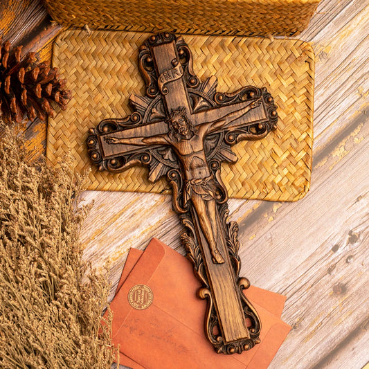 Religious Christian wall, home decoration, Jesus cross, wooden cross with baptismal statue, catholic saint image