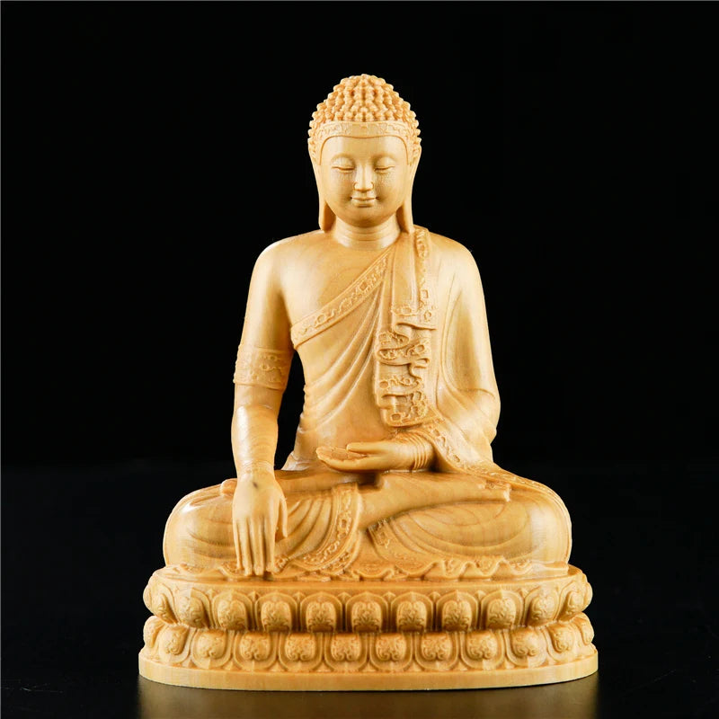 Religious Temple Thai Buddha Statue Wooden Sculpture Chinese Boxwood Wood Carving Prayer Supplies Home Decoration