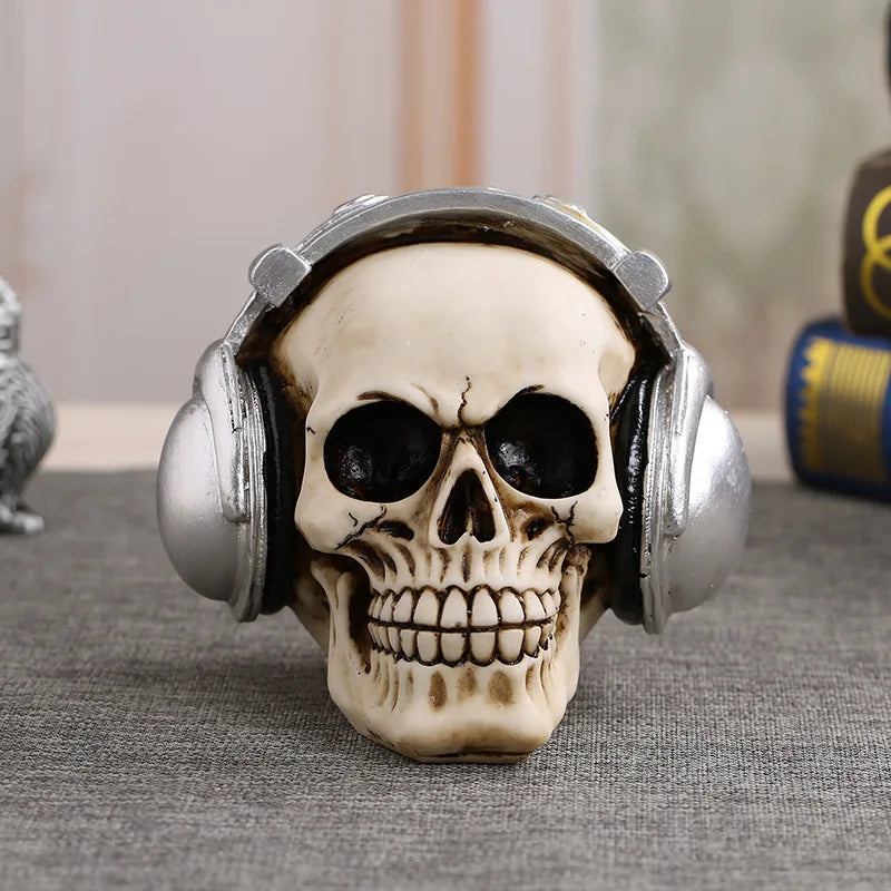 Resin Craft Skull Head Statue Halloween Party Decoration Skull Sculpture Creative Crow, headphone skull Home Decor Accessories