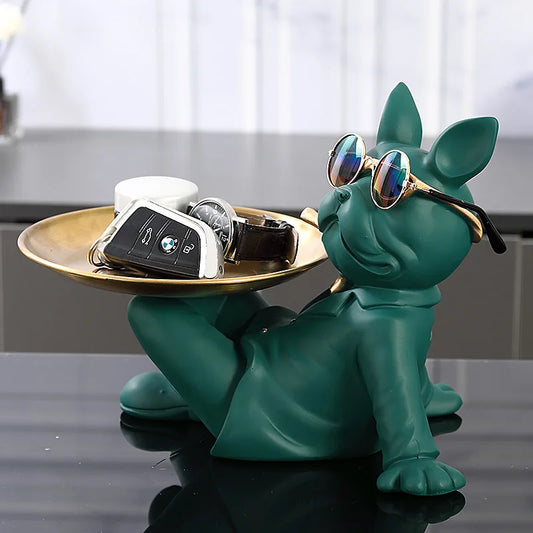 Resin Dog Statue Home Decor French Bulldog Sculpture Ornament Animal Figurine Decorative Key Storage Tray Living Room Decoration