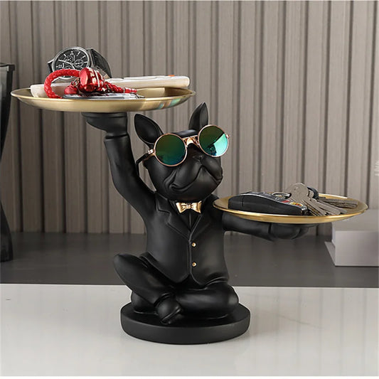 Resin French Bulldog Statue with 2 Trays Cool Decorative Dog Sculpture Animal Figurine Ornaments Living Room Home Decor Gifts
