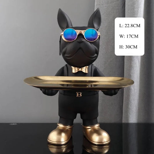 Resin Home Decor French Bulldog Statue with Glasses Storage Tray for Keys Dog Sculpture Animal Figurines Table Decoration Gift