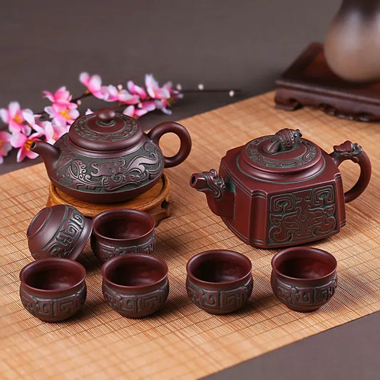 Retro Bronze Flat Tea Set, Large Teapot, Antique Dragon Tea Cup, Yixing Purple Sand, Kungfu Bubble Teapot