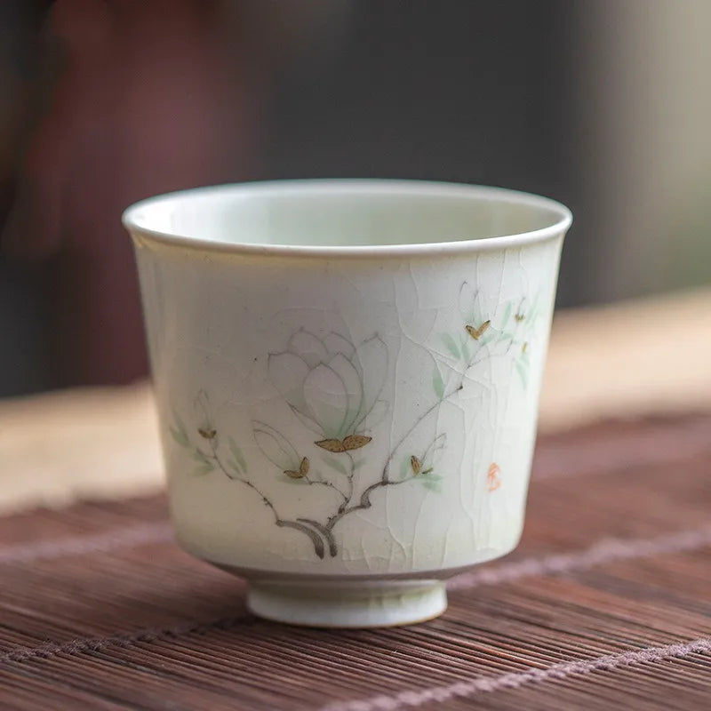 Retro Ceramic Teacup Portable Travel Meditation Cup Hand Painted Flower Pattern Tea Bowl Pu'er Master Cup Tea Set Accessories