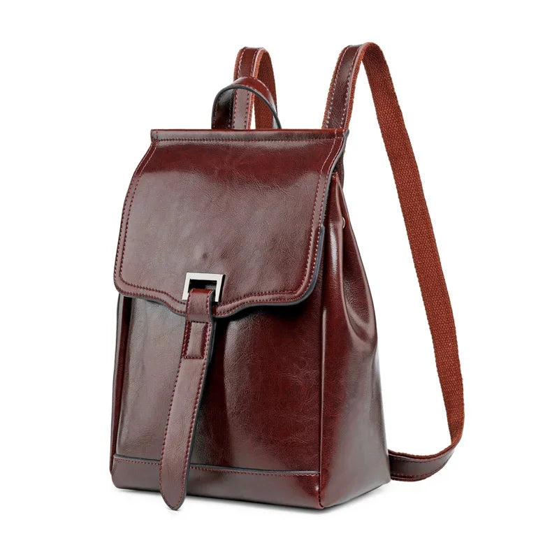 Retro Genuine Cow Backpack For Women Oil Wax Leather Travel Ladies Shoulder Bag Fashion Teenager Girls Small Schoolbag