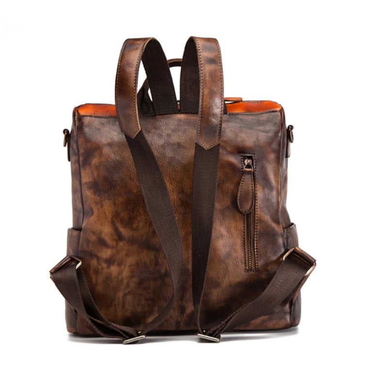 Retro Luxury Cowhide Genuine Leather Backpacks Contrast Color Patchwork Large Capacity Purses Casual Simple Travel Shoulder Bags