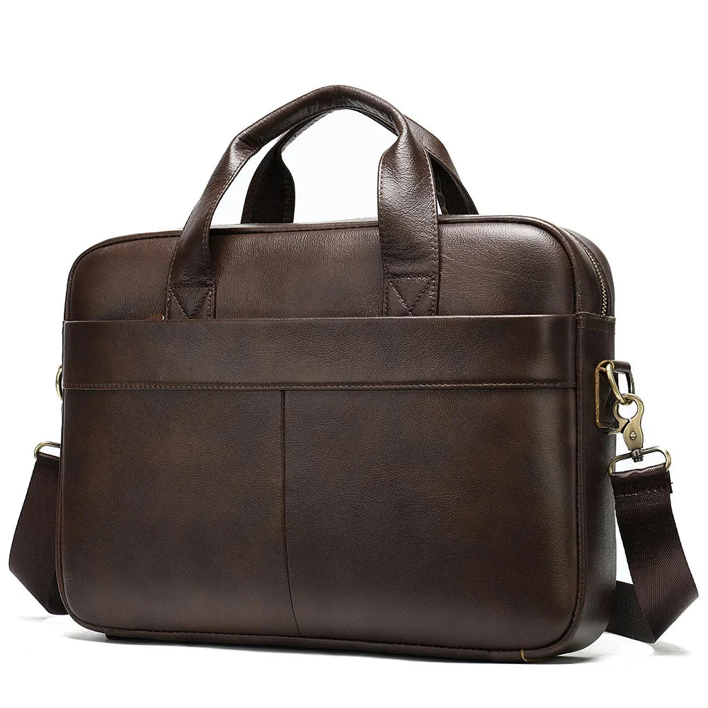 Retro Men Genuine Handbag Cowhide Leather Briefcase 14-Inch Computer Large Capacity File Male Shoulder Bag