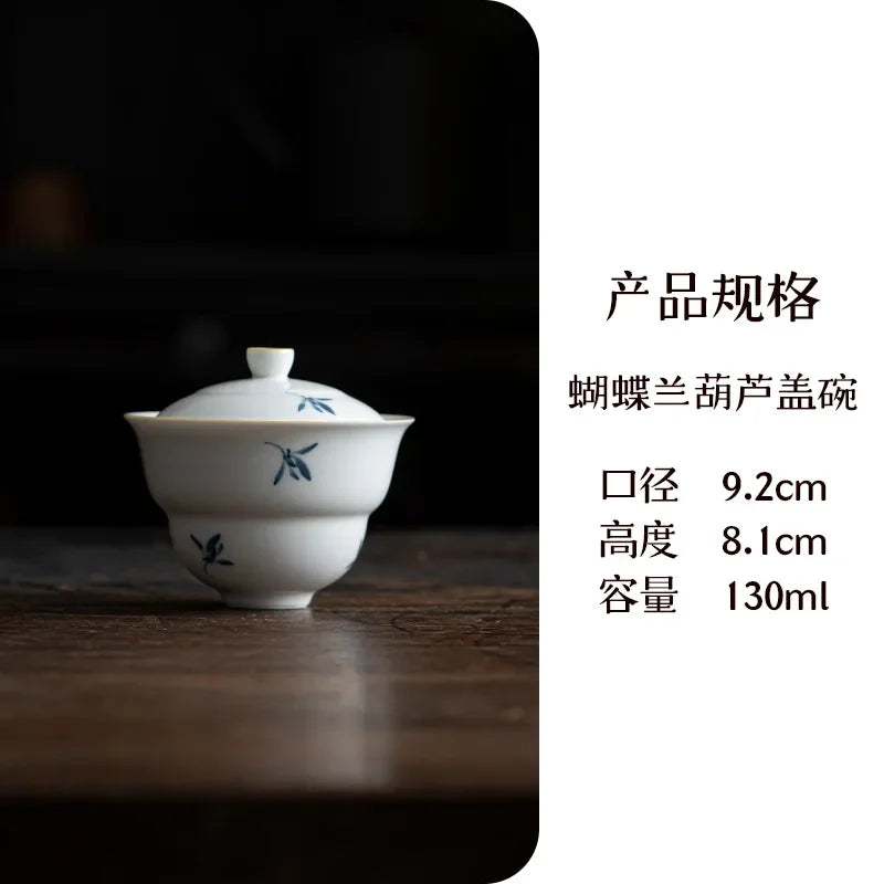Retro Pure Hand-painted Butterfly Orchid Ceramic Gaiwan Luxury Tea Tureen Tea Making Cover Bowl Tea Services Accessories Craft