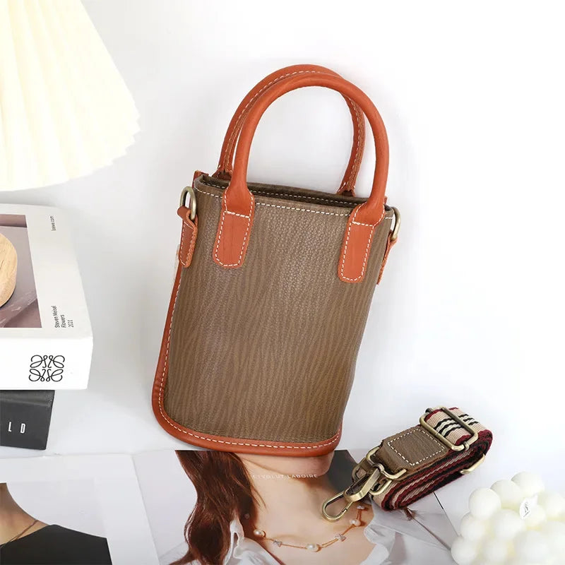Retro Soft Leather Ladies Diagonal New Top Layer Cowhide Mini Bucket Wide Strap Single Shoulder Small Bag