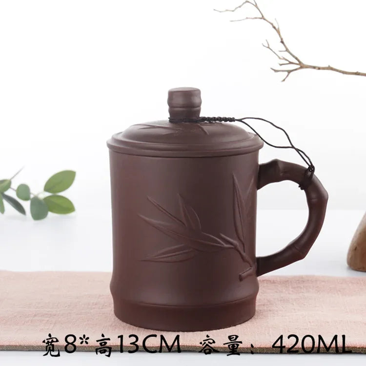Retro Yixing Mug with Lid Peach Bamboo Purple Clay Tea Cup 400ml Teacup Office Zisha Tea Mug Traditional Chinese Teaware