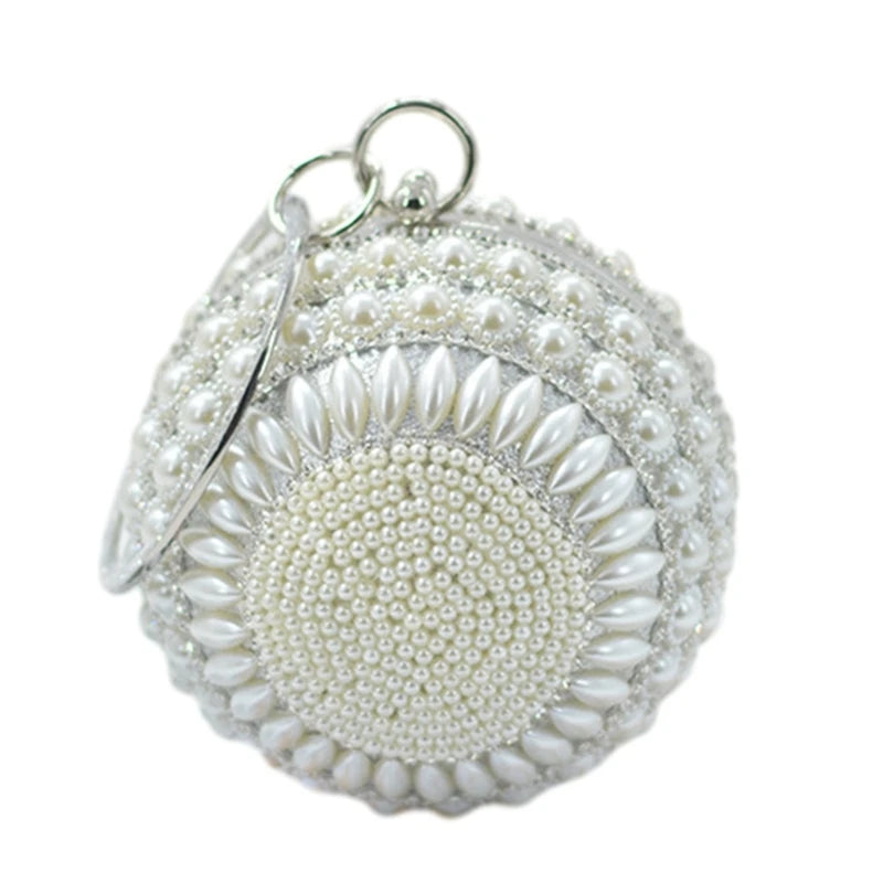 Round Clutch Purse Ball Shape Evening Clutch Bag Handbag Rings Handle Pearls Purse Evening Bag for Wedding Party Prom
