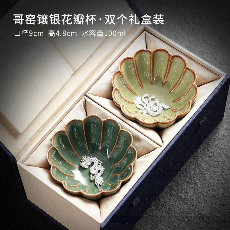 Ru Kiln Inlaid Silver Tea Cup Master Cup Kung Fu Tea Set Ceramic Tea Cup Retro Large Tea Bowl Exquisite Handmade Petal Teacup