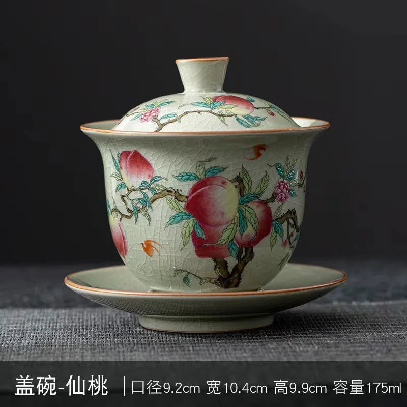 Ru Kiln Three Talents Gaiwan Tea Cup Kung Fu Tea Set Tea Bowl with Cover Teacup Antique Ceramic Tea Cup Chinese Gaiwan Tea Set