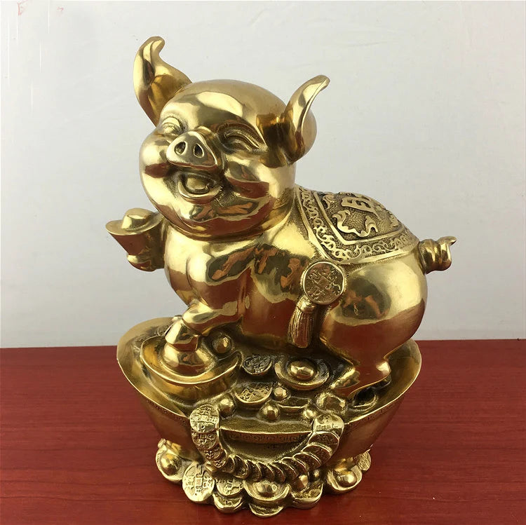 GOOD LUCK HOME Shop Business Money Drawing Good luck Propitious Yuanbao Fortune pig FENG SHUI BRASS Sculpture Statue