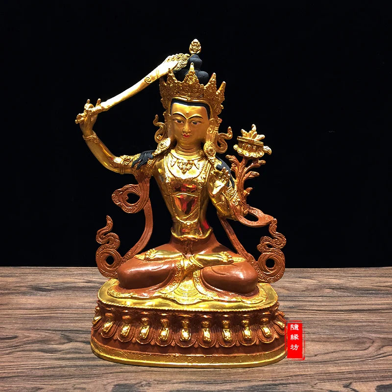 31CM large -GOOD---Buddhist Buddhism home family efficacious Protection brass Bodhisattva Manjusri Gold-plated Buddha statue