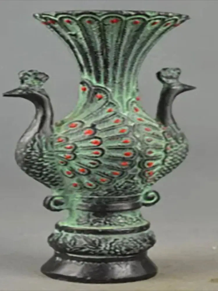 Collectable Handmade Old Bronze Carved Double-Sided Tail Peacock Auspicious Vase