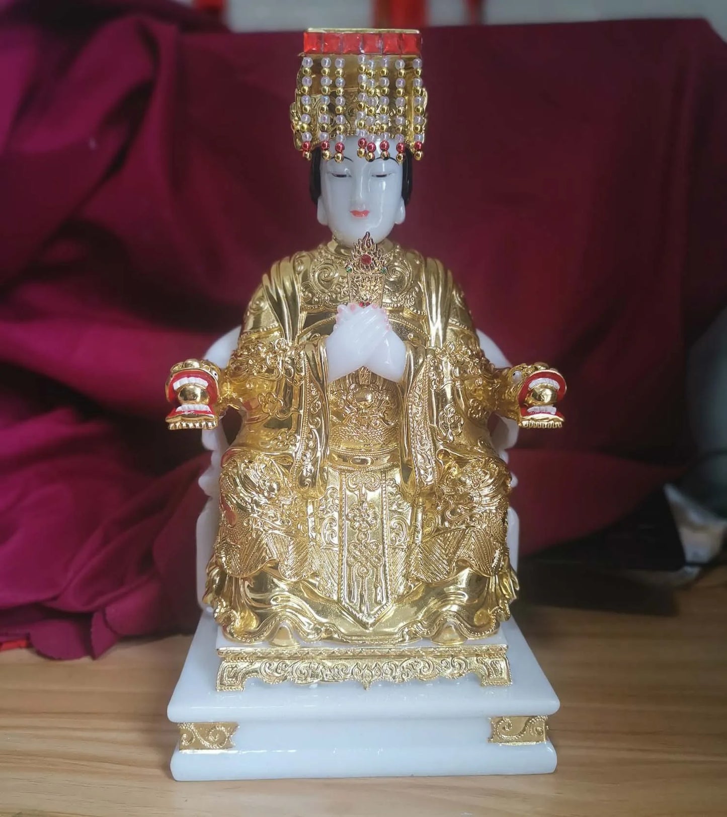 high-grade Home Talisman Mascot Goddess of SEA Matsu Gold MAZU Guanyin Buddha jade Sculpture statue 28cm