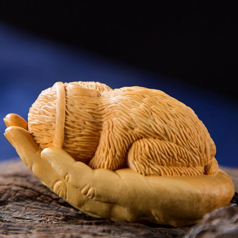 Wooden carving handle piece, small leaf boxwood carving, zodiac animal, monkey palm, monkey, man's carry on small ornament