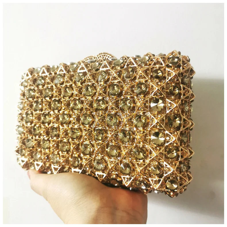 Woman Gold Champagne Elegant Diamond Party Handbag Hollow Out Crystal Stone Evening Purse Wedding Bridal Rhinestone Clutch Bag