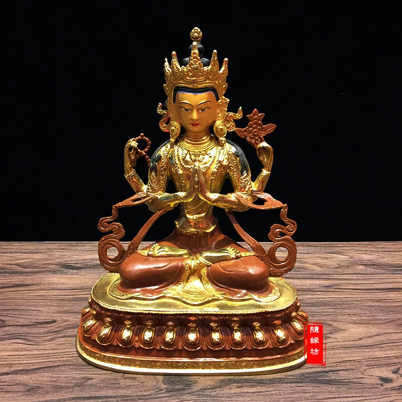 30CM large -GOOD ---Buddhist Buddhism home family efficacious Protection brass Four arm Guanyin gold Gold-plated Buddha statue