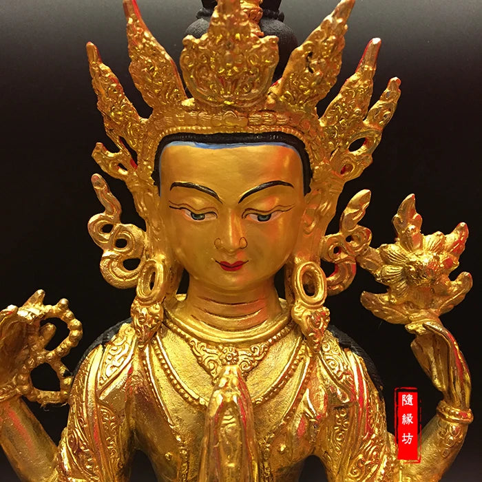 GOOD --30CM large --Buddhist Buddhism home family efficacious Protection Gold-plated brass Four arm Guanyin gold Buddha statue