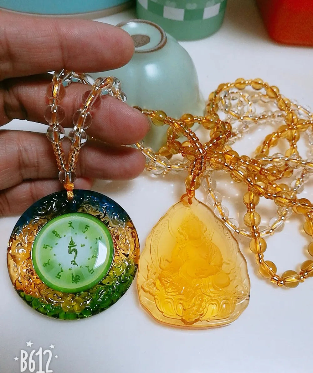 2PCS TOP Buddhist ornaments pocket travel efficacious talisman Green Tara Yellow Jambhala Buddha Crystal Mantra Pendant Amulet