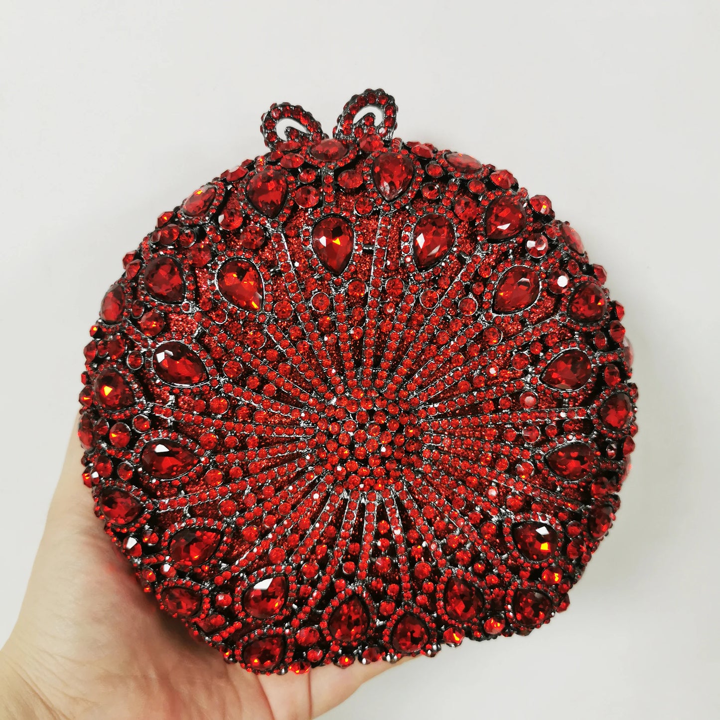 Woman Red AB Crystal Wedding Party Bridal Evening Bag Dinner Gala Mini Elegant Prom Purse Hollow Out Diamond Round Metal Handbag