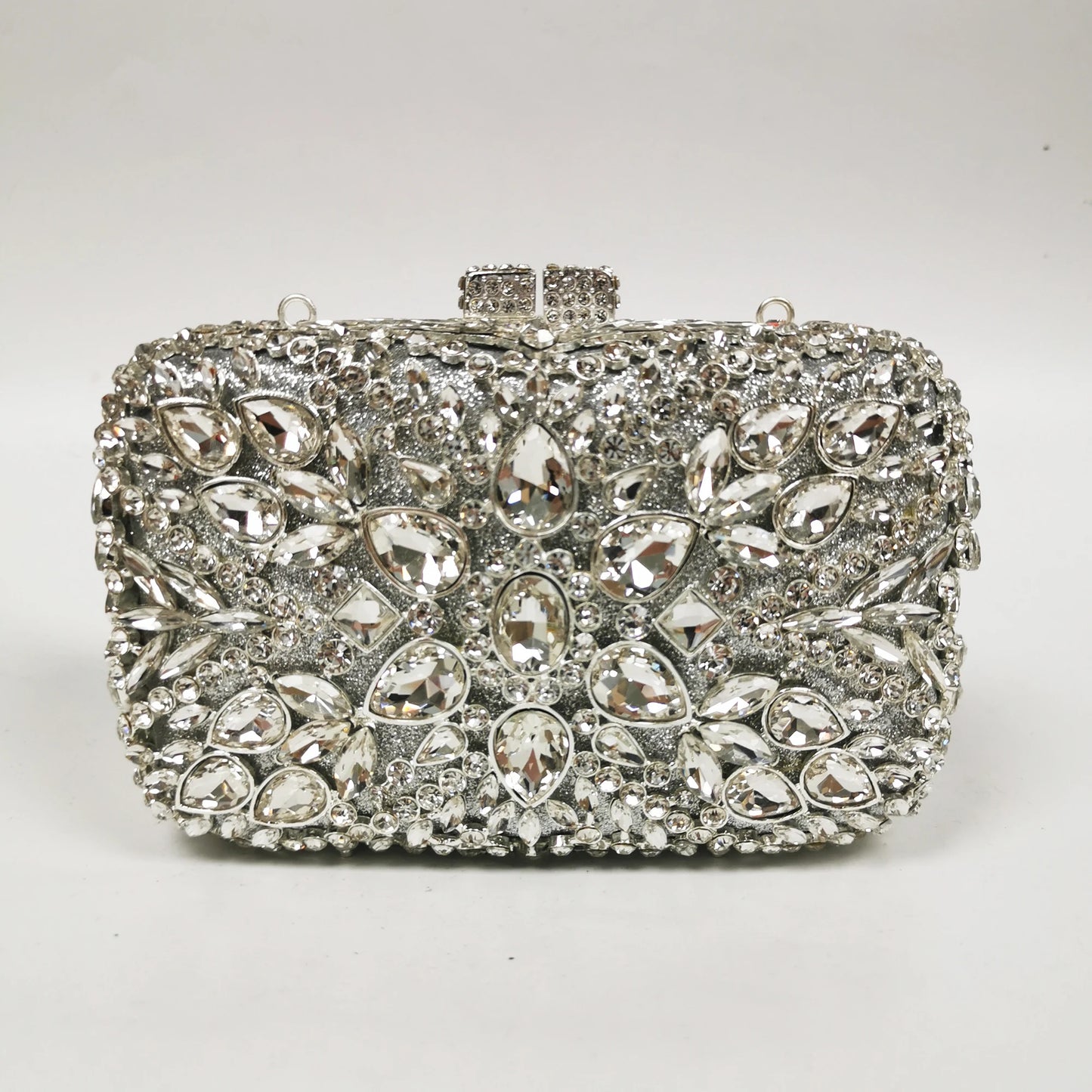 New Silver Flower Dinner Bags Woman Wedding Bridal Crystal Evening Purse Diamond Crystal Floral Handbag Metal Rhinestone Clutch