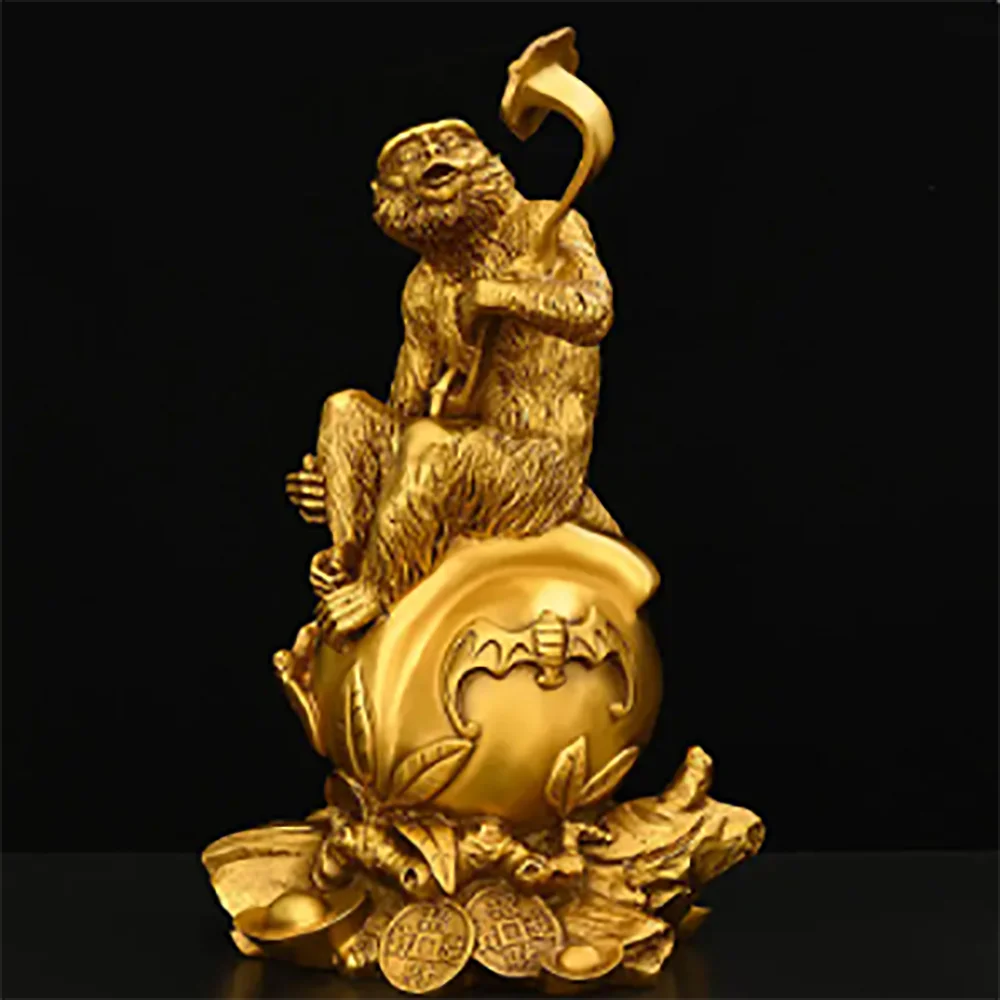 Chinese Pure Copper Ruyi Gold Monkey Ornaments Zodiac Blessing Life Home Living Room Attract Wealth Fengshui Decor