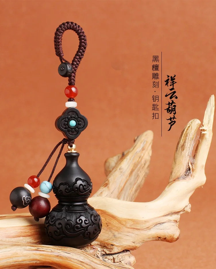 Black Sandalwood Safety Buckle, Car Key Accessories, Gourd Xiangyun Hand Woven Rope, Gift Pendant, Mascot, Fengshui Decoration