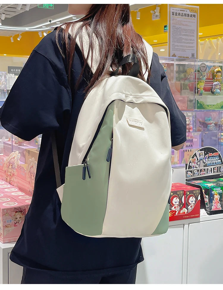 White Green Color-Blocking Waterproof Nylon Travel Backpack Fashion Stitching Design School Bag Suitable For Teen Schoolgirls