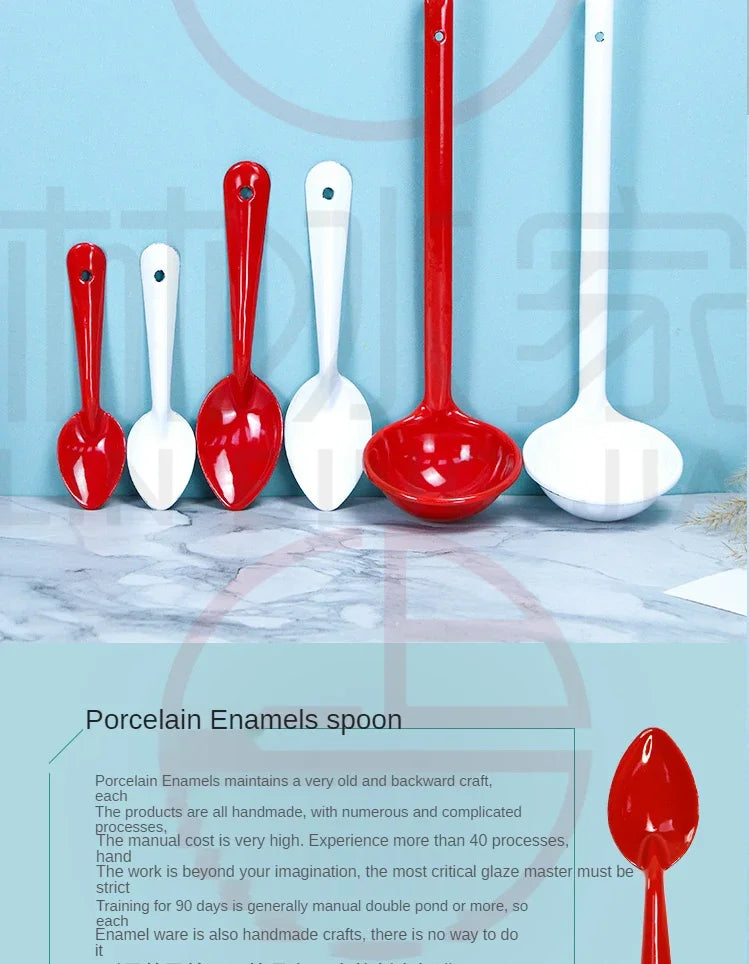 L 30cm | Enamel Classic Long Handle White Red Spoon Long Handle Creative Household Large Solid Color Spoon Soup ladle