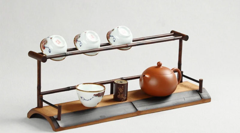 Hand made bamboo teacup rack drainage rack Chinese retro double-layer cup rack teapot tea set display taccessories