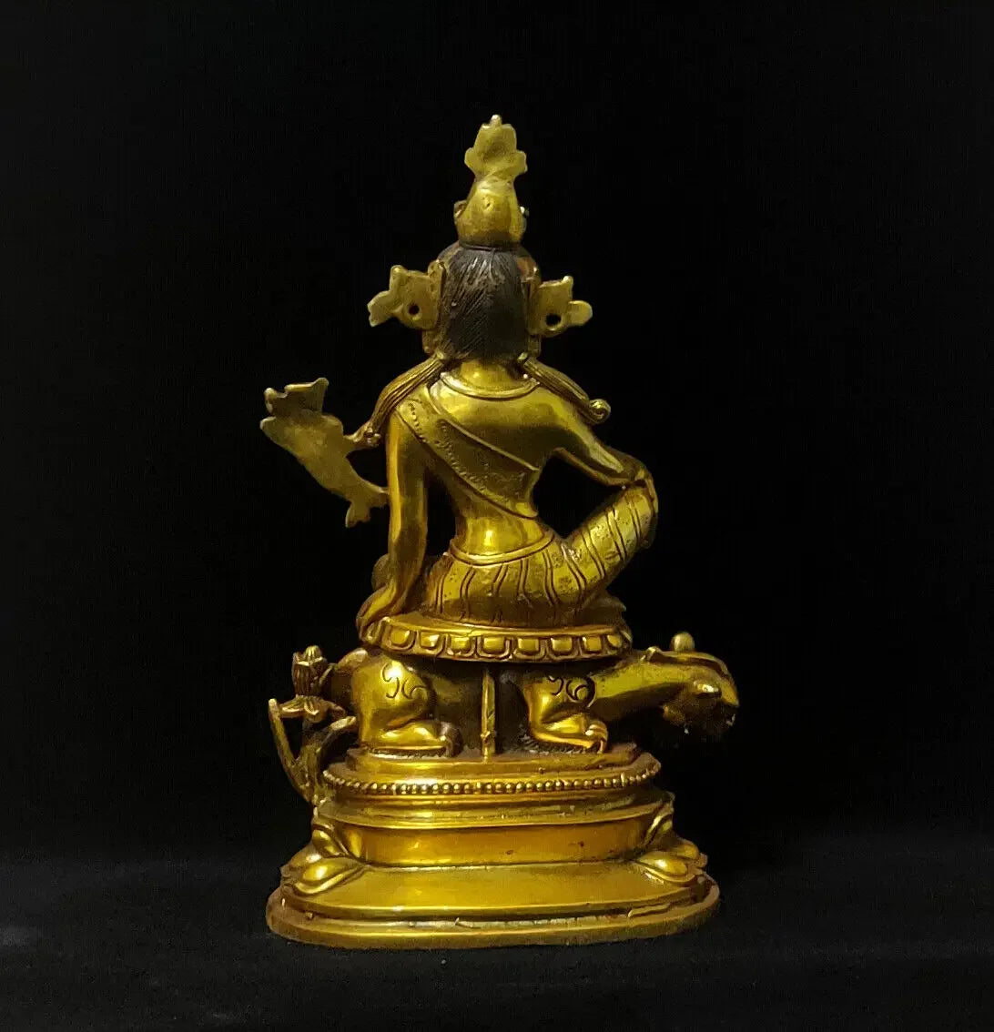 Antique Bronze Gilt Lion's Roar Water moon Sit Beast Kwan-yin Tara Buddha Statue