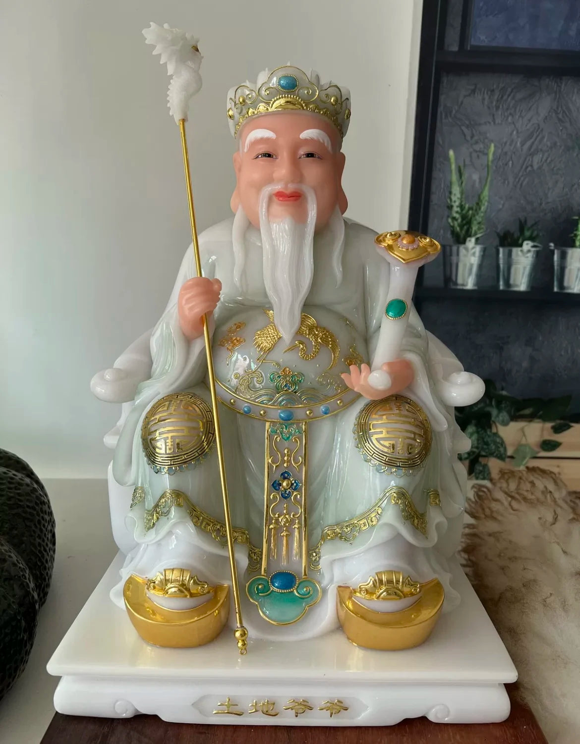 38CM large Southeast Asia God of Wealth High grade Jade Gilding TU DI GONG worship Gods statue HOME shrine altar protection