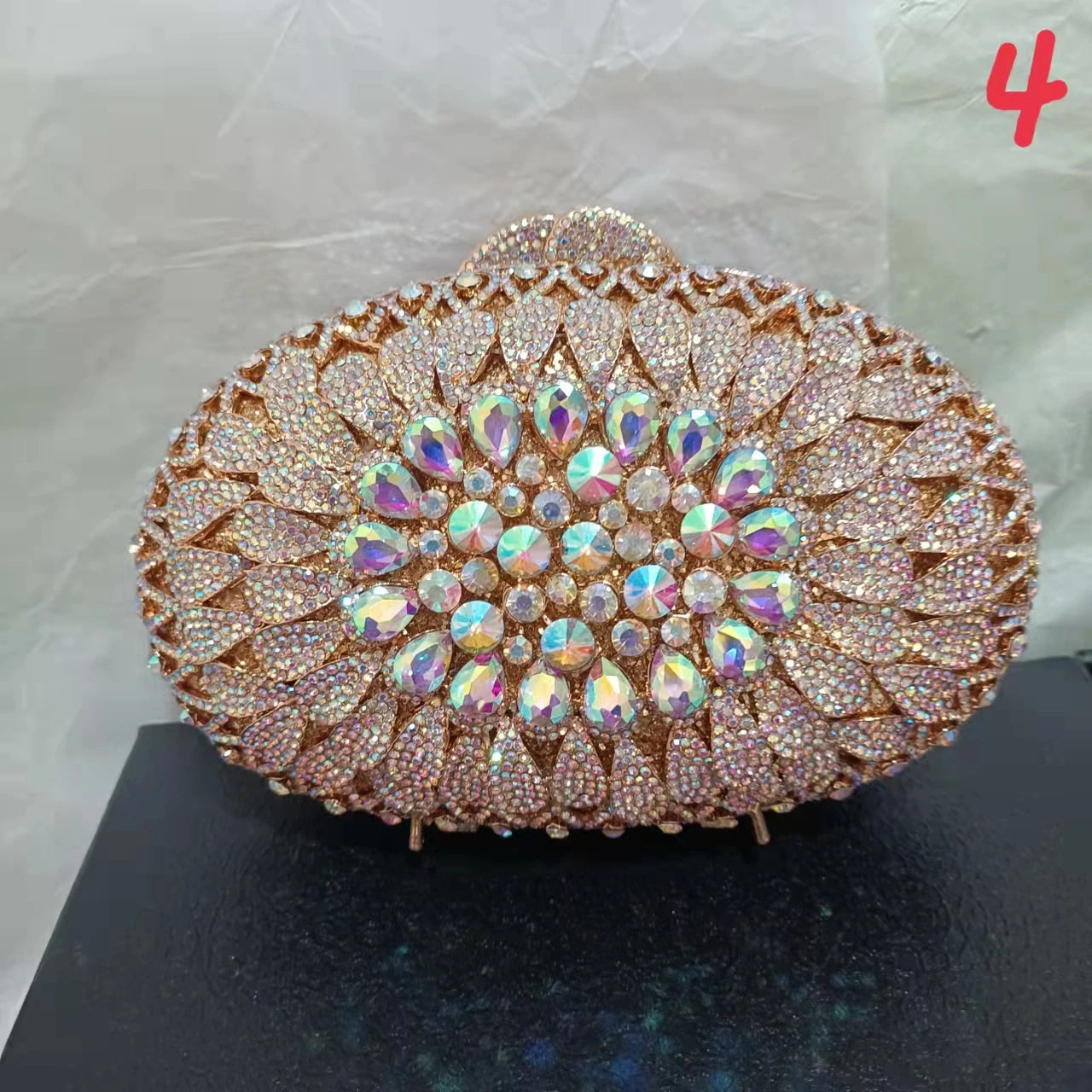 Women Gold AB Crystal Evening Dinner Bag Hollow Out Flower Wedding Clutch Bridal Party Prom Handbag Banquet Diamond Floral Purse