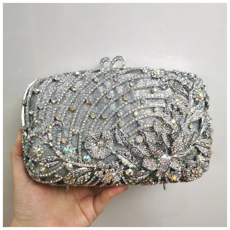 Woman Gold Silver AB Champagne Diamond Party Handbag Hollow Out Flower Crystal Purse Wedding Bridal Banquet Cocktail Floral Bag