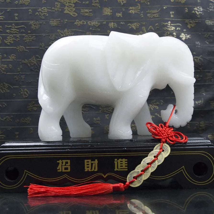 Home Company office business high-grade Decor GOOD LUCK mascot ZHAO CAI White jade elephant Sculpture FENG SHUI ART Statue