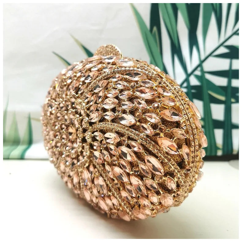 Woman Gold Pink Champagne Flower Clutch Floral Diamond Party Handbag Crystal Hollow Evening Purse Wedding Bridal Rhinestone Bag