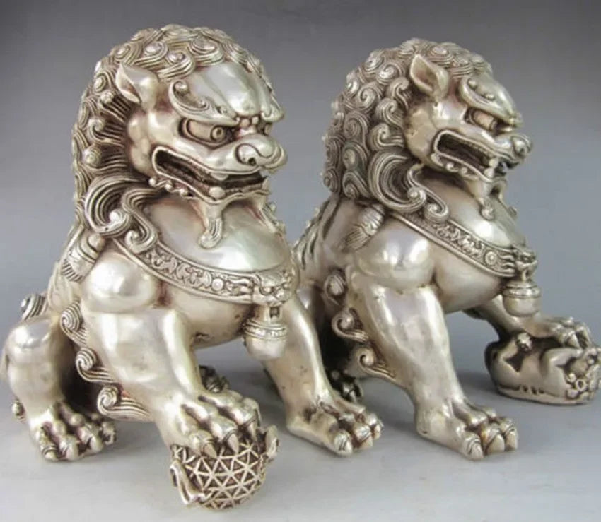 Copper Brass CHINESE crafts Asian A Pair of Elaborate Chinese Tibetan Silver Guardian Lion Foo Fu Dog Statues