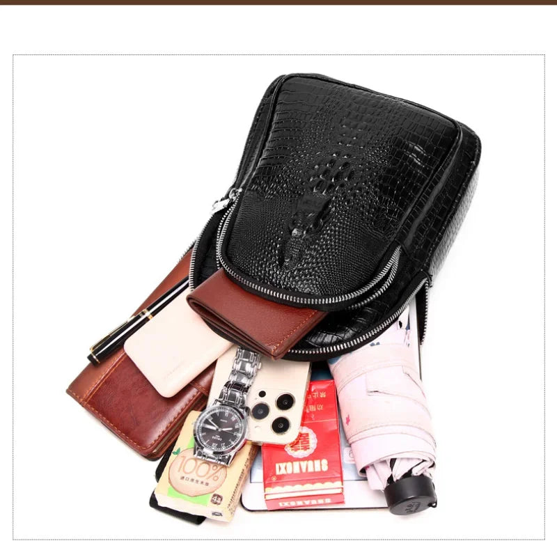 SCHLATUM New Brand Men's Chest 100% Genuine Leather Sport Casual Crossbody s for Men Black Crocodile Pattern Shoulder Bag
