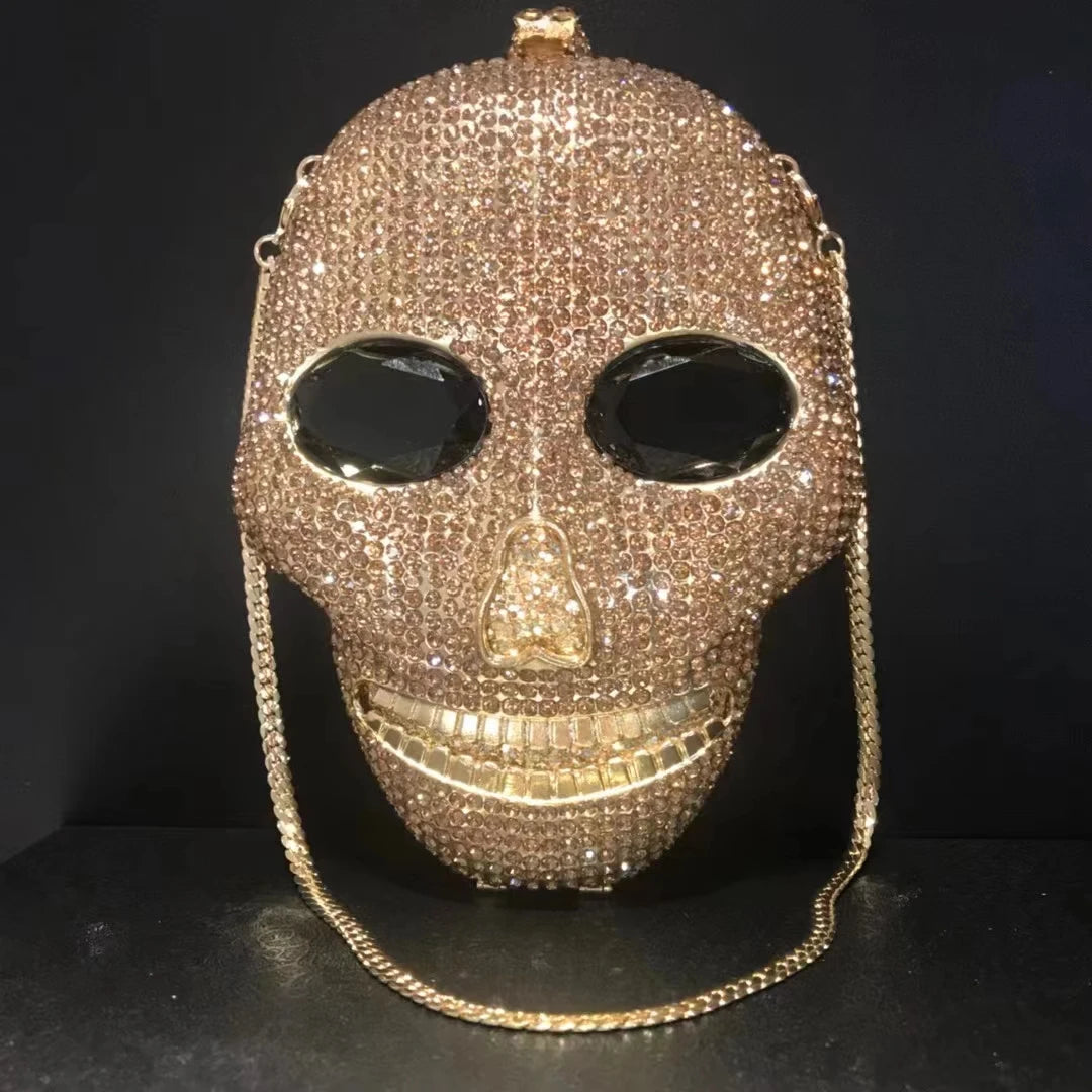 Woman Gold Diamond Skull Shape Party Bag Crystal Birthday Dinner Cocktail Prom Clutch Purse Ladies Wedding Bridal Stone Handbag