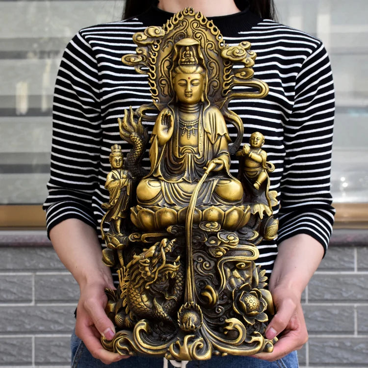 44CM large home Porch lobby efficacious Protection efficacious Mascot Lotus dragon GUANYIN Buddha copper FENG SHUI statue