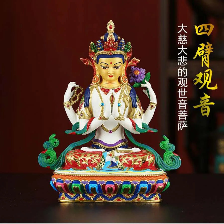 Buddhism high grade good Nepal Color drawing Four arm Guanyin Buddha copper buddha statue HOME Temple efficacious Protection