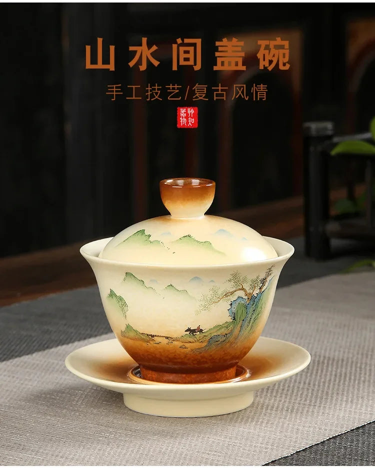 Retro Stoneware Gaiwan Japanese Style Porcelain KungFu Tea Set, Single Bowl, Large Hand Painted Landscape, Firewood Brewing Cup