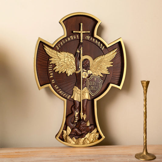 Saint Michael Archangel Cross St. Michael Statue Patron Saint Religious Figure Home Wall Decor Wooden Christian Gift