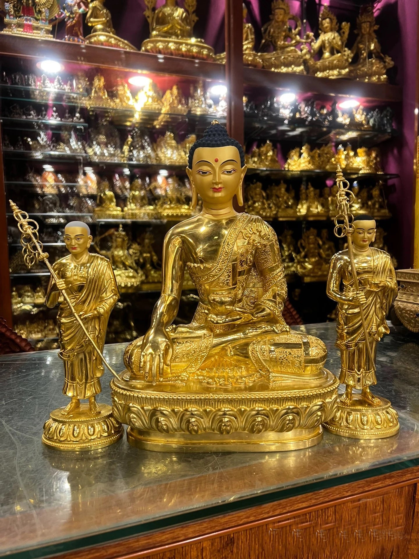A set 3P Buddhism Good gilding copper Buddha statue Sakyamuni Disciple Buddha statue HOME family protection temple worship