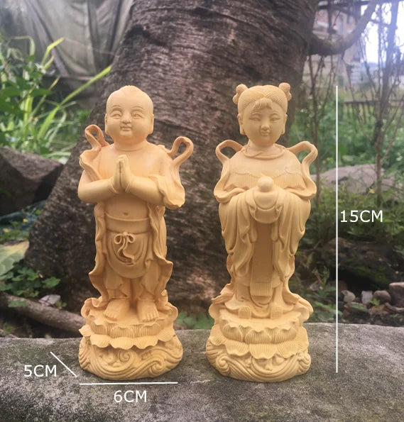 15cm Mythology Boy And Girl Boxwood Carving Crafts Chinese Home Living Room Decoration Ornaments Solid Wood Classical Figures