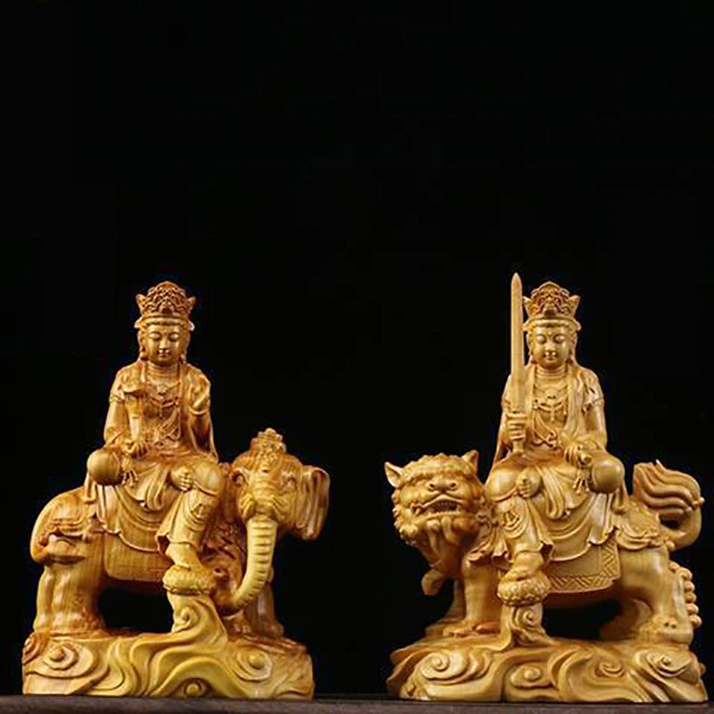 Solid Wood Ornament Manjusri Samantabhadra Bodhisattva Statues Sculpture Decor Statue Living Room