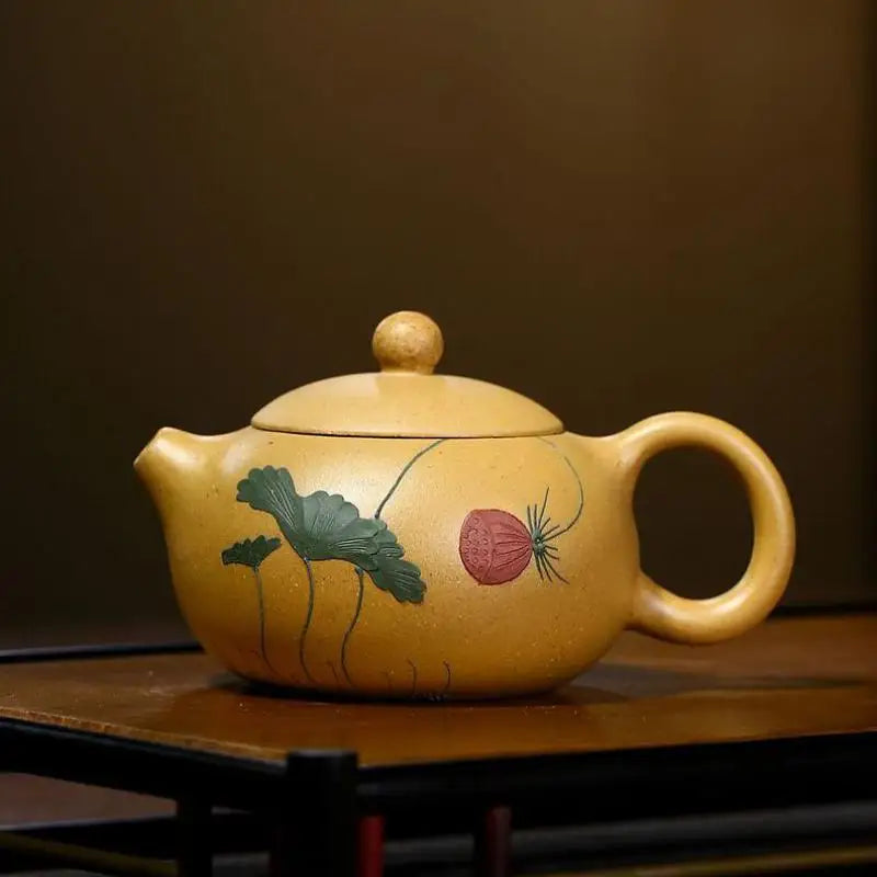 Handmade Mud-painted Lotus Xishi Teapot, Zisha Teapot, Yixing Handmade Pot, Kung-Fu Teaware, Purple Clay, Drinkware for Puer
